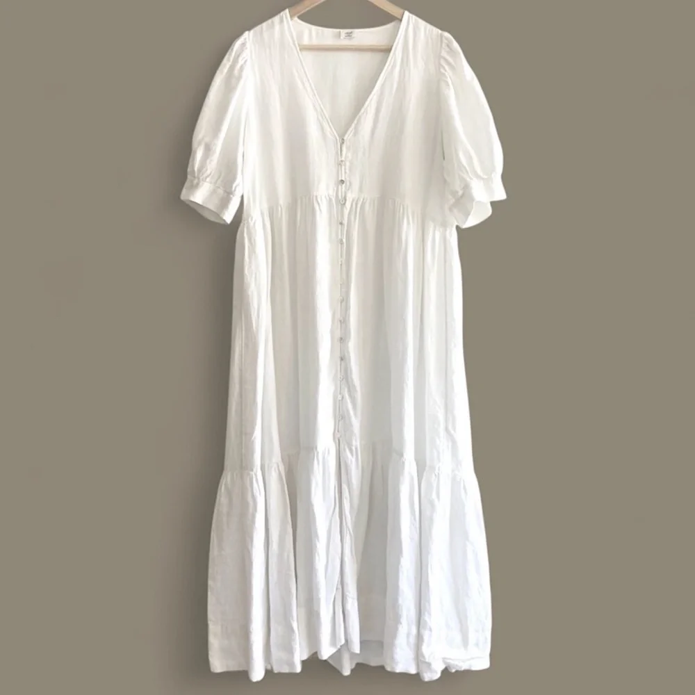 WILFRED Ohara Tiered Linen Maxi Dress White Puff Sleeve - Picture 6 of 14
